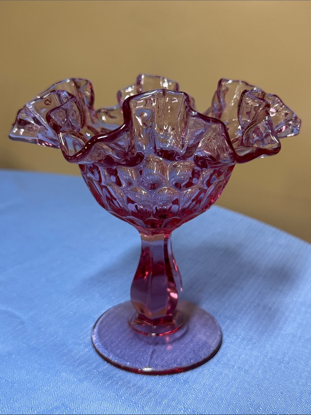 Fenton Pink Thumbprint Compote/candy dish bright pink glow with black light 6”